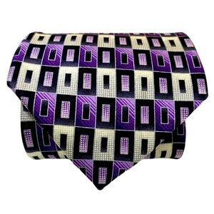 Pierre Cardin Silk Tie Woven BarTac Purple White Black Geometric 60”x4” USA VTG